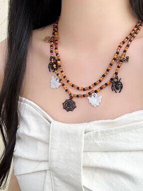 Halloween Layered Beaded Necklace with Ghost and Spider Charms